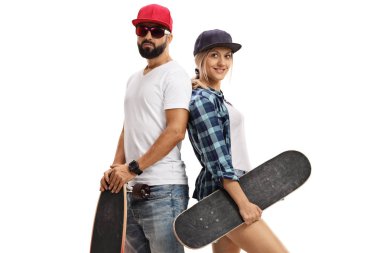 Erkek patenci ve sırtlarına beyaz arka plan üzerinde izole birbirlerine karşı ile bayan patenci