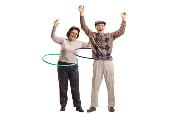 Full Length Portrait Two Cheerful Seniors Hula Hoops Isolated White — Stock Photo, Image