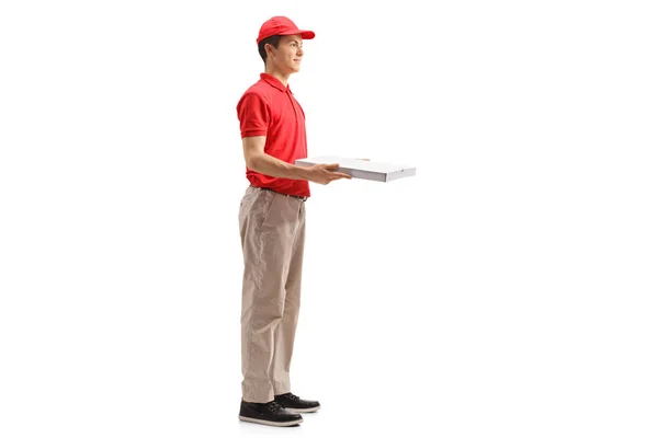 Full Length Profile Shot Teenage Delivery Boy Holding Pizza Box — Stock Photo, Image