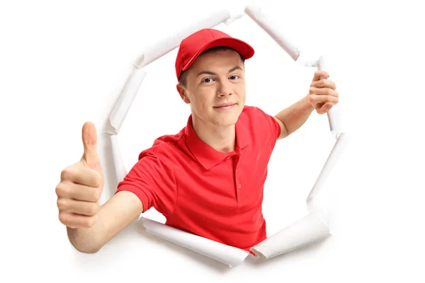 Teenage Delivery Boy Breaking Paper Making Thumb Gesture — Stock Photo, Image