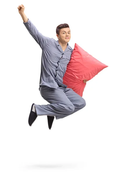 Teenager Pillow Jumping Gesturing Happiness Isolated White Background — Stock Photo, Image