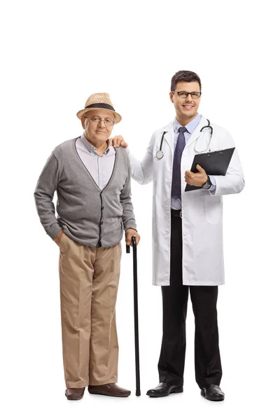Full Length Portrait Elderly Patient Doctor Isolated White Background — Stock Photo, Image