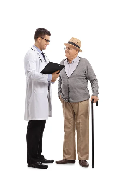 Full Length Profile Shot Doctor Talking Elderly Patient Isolated White — Stock Photo, Image