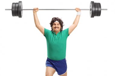 Retro sporcu beyaz arka plan üzerinde izole bir halter kaldırma