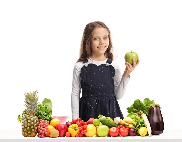 Girl Holding Apple Table Fruit Vegetables Isolated White Background — Stock Photo, Image