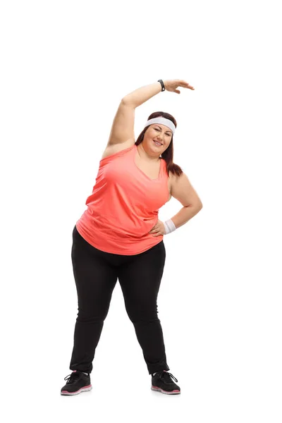 Retrato Comprimento Total Uma Mulher Com Sobrepeso Exercitando Isolada Fundo — Fotografia de Stock