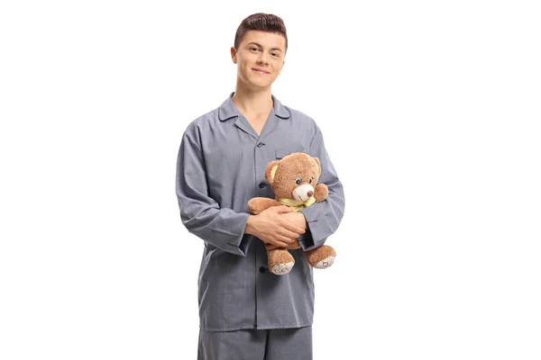 Tiener Pyjama Houden Van Een Teddybeer Geïsoleerd Witte Achtergrond — Stockfoto