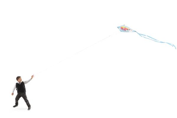 Full Length Profile Shot Schoolboy Flying Kite Isolated White Background — Stock Photo, Image