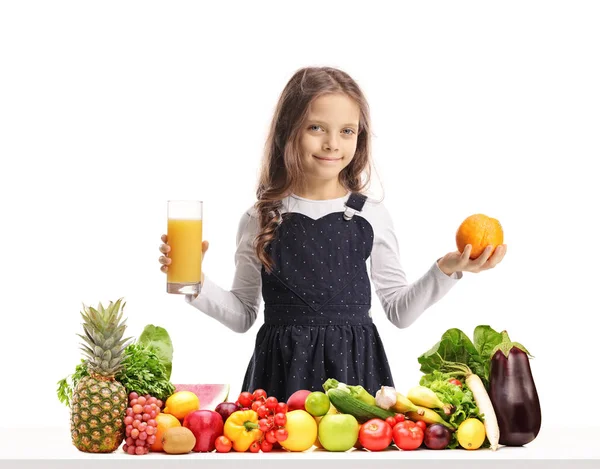 Girl Holding Glass Juice Orange Table Fruit Vegetables Isolated White — Stock Photo, Image
