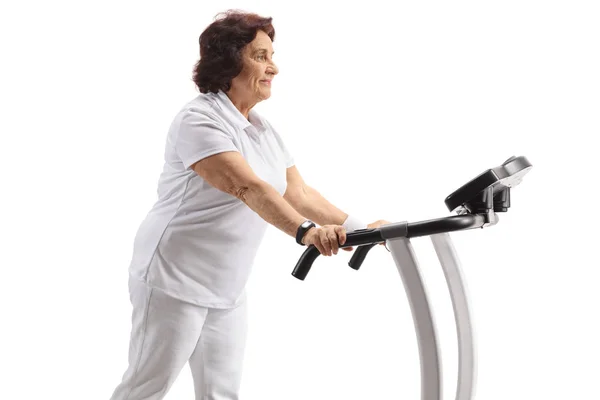 Mature Woman Walking Treadmill Isolated White Background — Stock Photo, Image