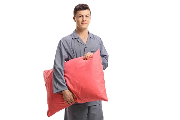 Tiener Pyjama Houden Van Een Kussen Geïsoleerd Witte Achtergrond — Stockfoto