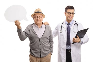 Yaşlı hasta bir konuşma balonu ve beyaz arka plan üzerinde izole bir doktor ile