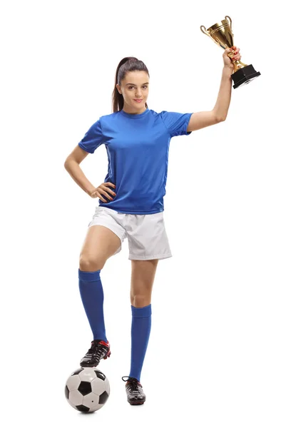 Full Length Portrait Female Soccer Player Football Golden Trophy Isolated — Stock Photo, Image