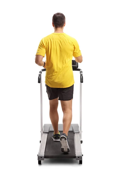 Full Length Rear View Shot Young Man Exercising Treadmill Isolated — Stock Photo, Image