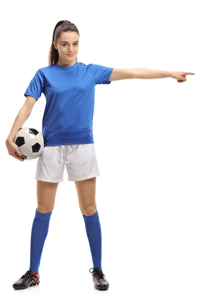 Full Length Portrait Female Soccer Player Pointing Isolated White Background — Stock Photo, Image