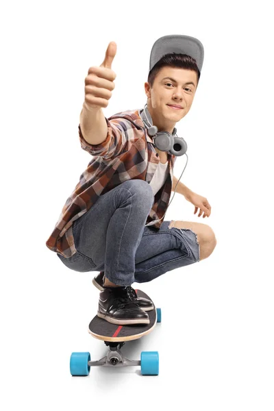 Teenager Longboard Making Thumb Sign Isolated White Background — Stock Photo, Image