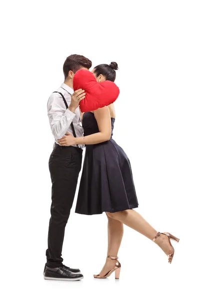 Full Length Profile Shot Elegantly Dressed Couple Kissing Heart Isolated — Stock Photo, Image