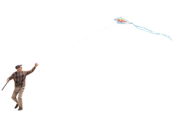 Senior Flying Kite Isolated White Background — Stock Photo, Image