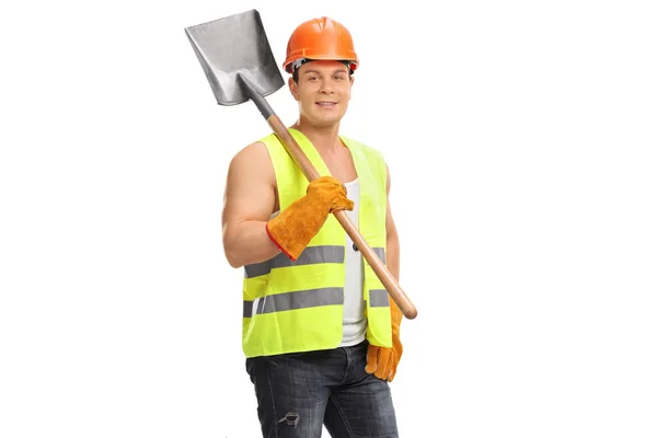 Bauarbeiter Mit Schaufel Auf Weißem Hintergrund — Stockfoto