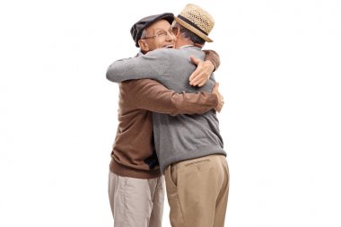 Two elderly men hugging each other isolated on white background clipart
