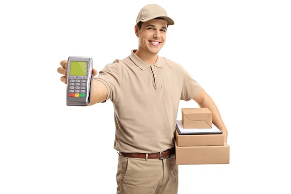 Delivery Man Holding Payment Terminal Packages Isolated White Background — Stock Photo, Image