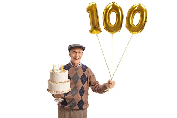 Glückliche Senior Mit Einer Geburtstagstorte Und Einer Anzahl Hundert Luftballons — Stockfoto