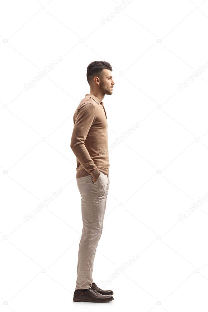 Full length profile shot of a guy waiting in line isolated on white background