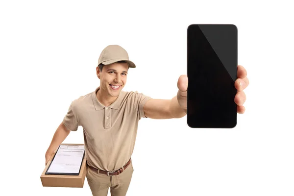 Чоловік Показує Телефон Ізольовано Білому Тлі — стокове фото