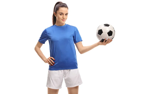 Jogadora Futebol Feminina Segurando Uma Bola Isolada Fundo Branco — Fotografia de Stock