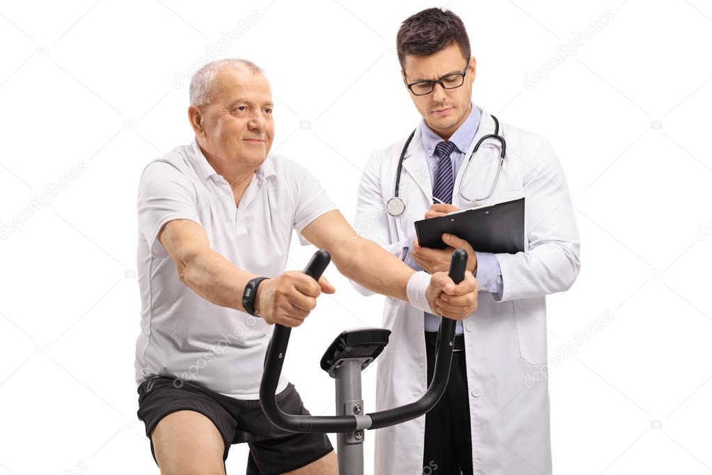 Mature man riding an exercise bike and a doctor writing in a clipboard isolated on white background