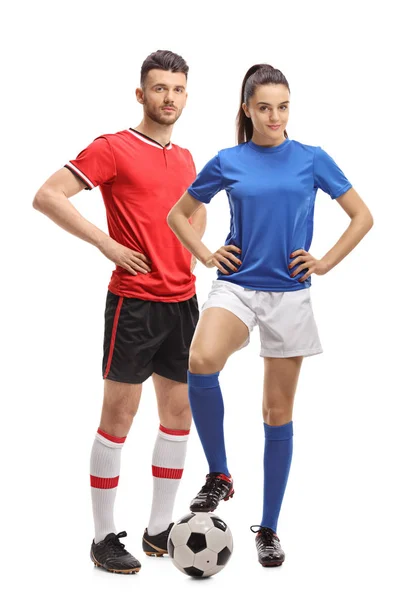 Full Length Portrait Male Female Soccer Player Football Isolated White — Stock Photo, Image