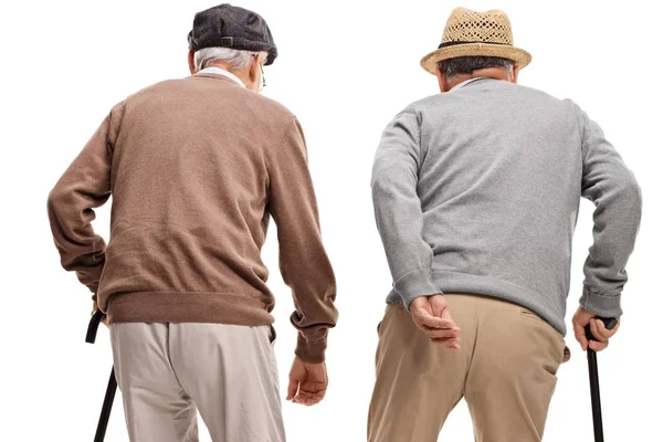 Foto Vista Traseira Dois Homens Idosos Com Bastões Isolados Fundo — Fotografia de Stock