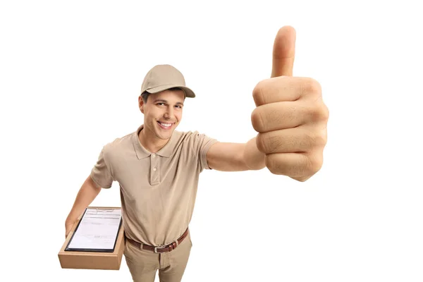 Repartidor Haciendo Gesto Pulgar Hacia Arriba Aislado Sobre Fondo Blanco — Foto de Stock