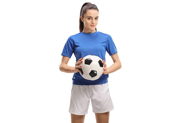 Jogadora Futebol Feminina Segurando Uma Bola Isolada Fundo Branco — Fotografia de Stock