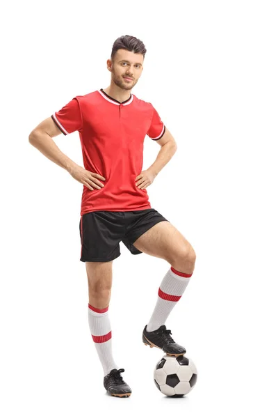 Full Length Portrait Soccer Player Posing Football Isolated White Background — Stock Photo, Image