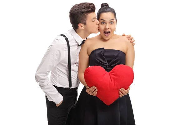 Elegantly Dressed Teenage Boy Kissing His Girlfriend Isolated White Background — Stock Photo, Image