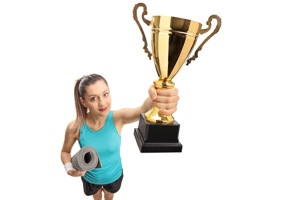 Fitness Girl Exercise Mat Showing Golden Trophy Isolated White Background — Stock Photo, Image