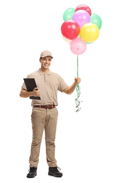 Retrato Comprimento Total Homem Entrega Com Uma Área Transferência Balões — Fotografia de Stock