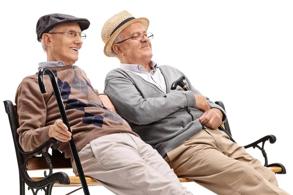 Двое Взрослых Мужчин Сидящих Скамейке Белом Фоне — стоковое фото