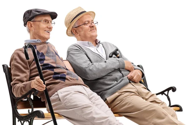 Dois Homens Maduros Sentados Banco Isolado Fundo Branco — Fotografia de Stock