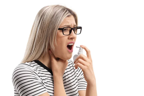 Young Woman Sore Throat Using Mouth Spray Isolated White Background — Stock Photo, Image