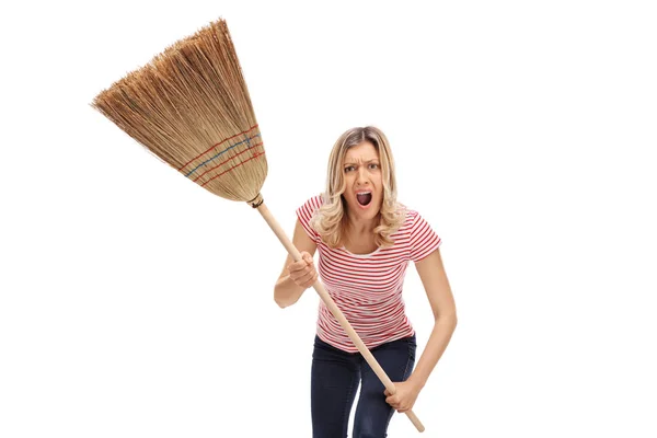 Angry Young Woman Broom Isolated White Background — Stock Photo, Image