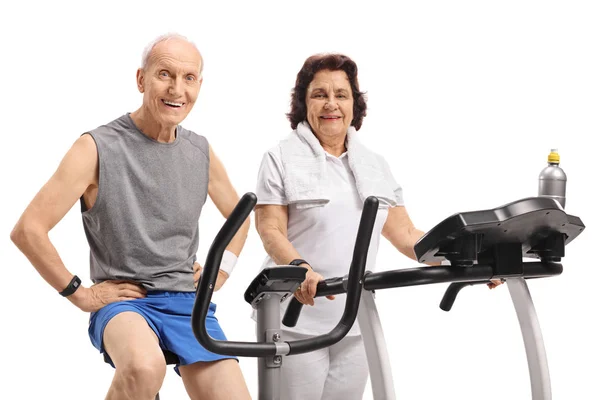 Elderly Man Stationary Bike Elderly Woman Treadmill Isolated White Background — Stock Photo, Image