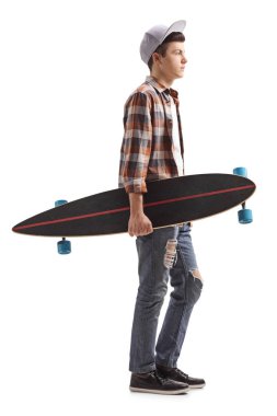 Full length profile shot of a teenager with a longboard waiting in line isolated on white background clipart