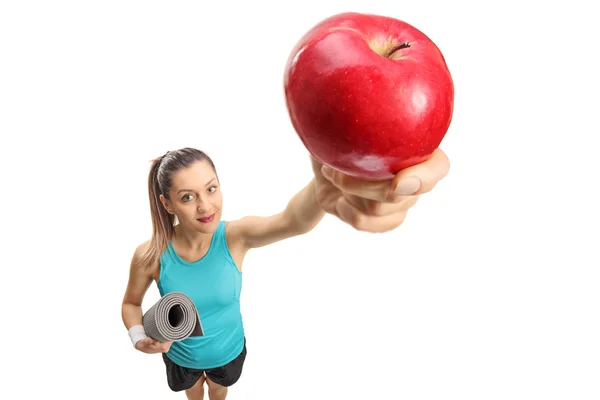 Fitness Woman Exercise Mat Apple Isolated White Background — Stock Photo, Image