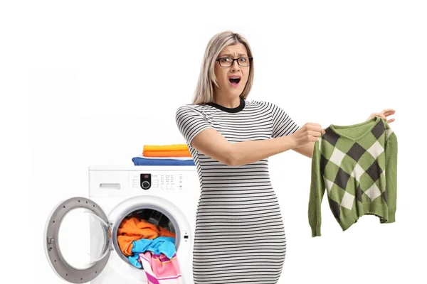 Shocked Young Woman Shrunken Blouse Front Washing Machine Isolated White — Stock Photo, Image
