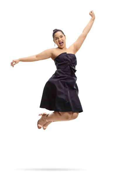 Elegantemente Vestido Chica Adolescente Saltando Haciendo Gestos Felicidad Aislado Sobre —  Fotos de Stock