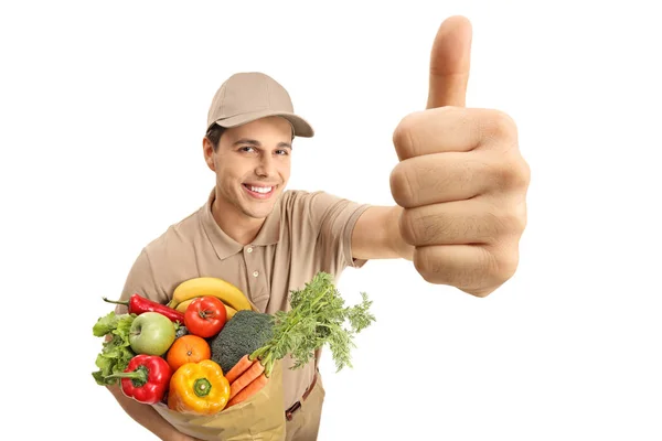 Delivery Man Bag Groceries Making Thumb Gesture Isolated White Background — Stock Photo, Image