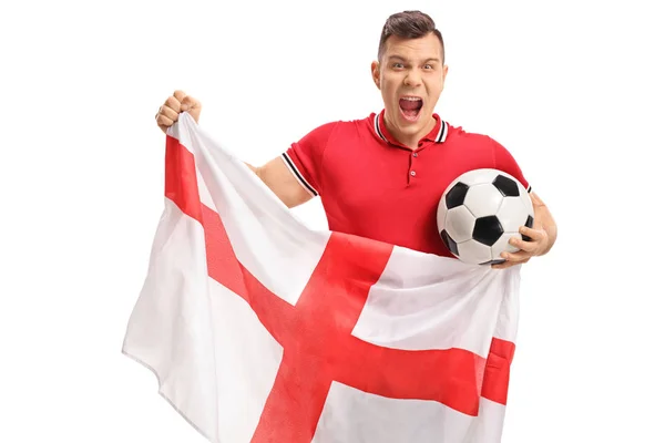 Emocionado Fanático Del Fútbol Sosteniendo Balón Fútbol Una Bandera Inglesa —  Fotos de Stock