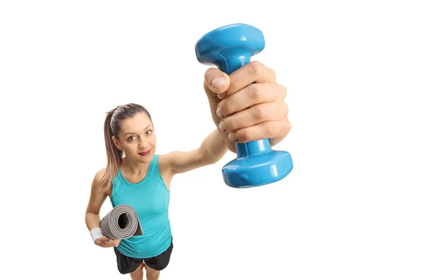 Fitness Woman Exercise Mat Dumbbell Isolated White Background — Stock Photo, Image